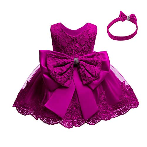 Baby Mädchen Prinzessin Blume Besticktes Spitzenkleid Ärmellos Bowknot Tutu Tüll Taufkleider Abendparty Brautjungfer Hochzeit Party Taufe Geburtstag Ballkleid Mit Stirnband Fuchsie 5-6 Jahre von IBTOM CASTLE