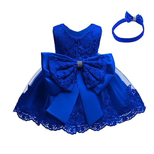 Baby Mädchen Prinzessin Blume Besticktes Spitzenkleid Ärmellos Bowknot Tutu Tüll Taufkleider Abendparty Brautjungfer Hochzeit Party Taufe Geburtstag Ballkleid Mit Stirnband Königsblau 3-4 Jahre von IBTOM CASTLE