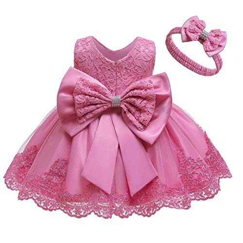 Baby Mädchen Prinzessin Blume Besticktes Spitzenkleid Ärmellos Bowknot Tutu Tüll Taufkleider Abendparty Brautjungfer Hochzeit Party Taufe Geburtstag Ballkleid Mit Stirnband Rosa 6-9 Monate von IBTOM CASTLE