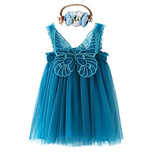Baby Mädchen Tutu Kleid & Blume Stirnband 2Stück Ärmellos Sling Tüll Kleid Prinzessin Party Kleid Erster Geburtstag Kuchen Smash Fotoshooting Sommer Outfit Pfauenblau& Schmetterling 9-12 Monate von IBTOM CASTLE