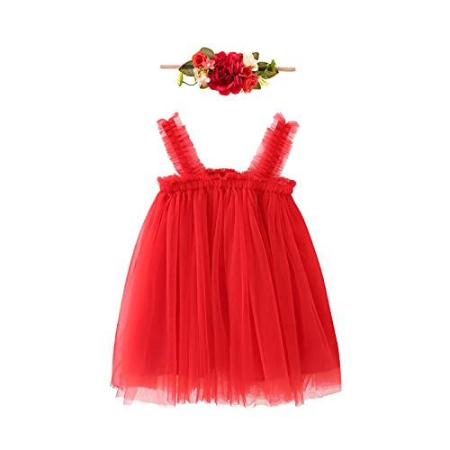 Baby Mädchen Tutu Kleid & Blume Stirnband 2Stück Ärmellos Sling Tüll Kleid Puffly A-Linie Prinzessin Party Kleid Erster Geburtstag Kuchen Smash Fotoshooting Sommer Outfit Rot 12-18 Monate von IBTOM CASTLE