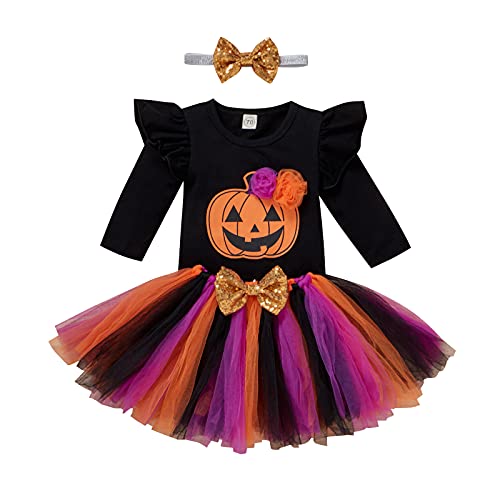 Baby Mädchen erstes HalloweenOutfit Kürbis Geist Verkleiden Kostüm Langarm Strampler + Tüll Tutu Skrit+ Pailletten Stirnband 3teiliges Kleidungsset Geburtstag Party Kuchen Smash Fotoshooting von IBTOM CASTLE