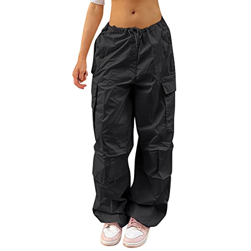 Baggy Cargohose Damen, Hip Hop Y2K Hosen, Lose Weite Bein Track Lange Pants Jogginghose Schnürung Frauen Elastische Low-Taille 90er Streetwear mit Taschen Schwarz L von IBTOM CASTLE