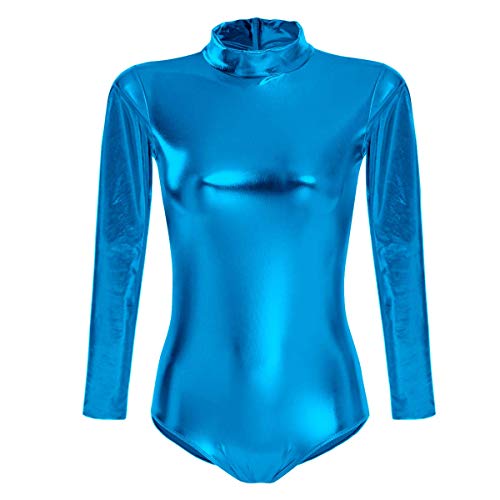 IBTOM CASTLE Ballettanzug Damen Frauen Langarm Body Ballett Trikot Turnanzug Gymnastikanzug Tanzen Bodysuit Tanztraining Gymnastik Kostüm Einteiler Metallic One Piece Leotards Oberteile Blau 2XL von IBTOM CASTLE