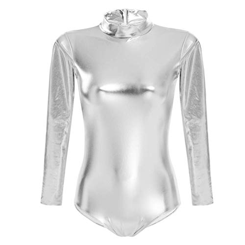 Ballettanzug Damen Frauen Langarm Body Ballett Trikot Turnanzug Gymnastikanzug Tanzen Bodysuit Tanztraining Gymnastik Kostüm Einteiler Metallic One Piece Leotards Oberteile Silber S von IBTOM CASTLE