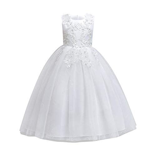 Blume Kleine Große Mädchen Spitze Stickerei Tüll Pailletten Kleid Prinzessin Festzug Geburtstag Party Erste Kommunion Hochzeit Brautjungfer Formale Boden Lange Tanz Abend Maxi Kleid, weiß, 7-8 Jahre von IBTOM CASTLE