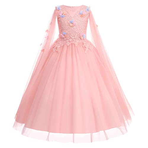 Blumenkleid für Mädchen Spitze Bestickt Prinzessinnenkleid ärmellos langes Tüllkleid Festzug Erstkommunion Geburtstagsfeier Kleider Weihnachten Karneval Kostüm Abschlussballkleid Rosa 13-14 Jahre von IBTOM CASTLE