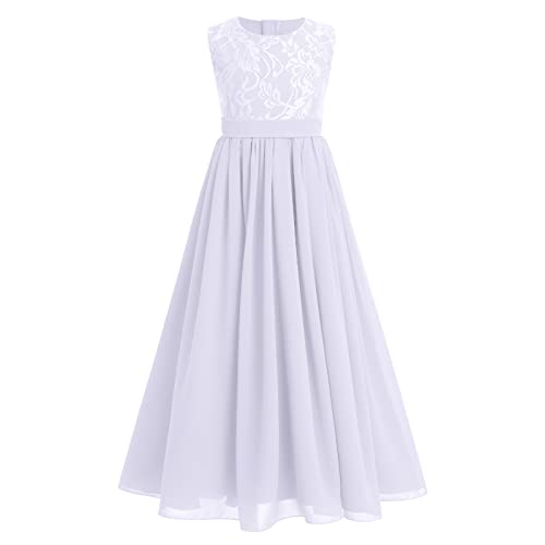 Blumenmädchen Flowy Ruffle Chiffon Trim A-Linie Kleid für Kind Hochzeit Junior Brautjungfer Kommunion Party Festzug Maxi Belted Kleid Runder Hals-Weiß 9-10 Jahre von IBTOM CASTLE