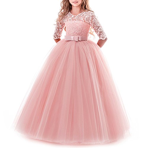 Blumenmädchen Kleider Mädchen Kinder Festlich Hochzeits Kleid Prinzessin Brautjungfern Anlässe Partykleider Festzug 3/4 Arm Spitzenkleid Tüllkleid Erstkommunion Kleider Abendkleid Rosa 7-8 Jahre von IBTOM CASTLE