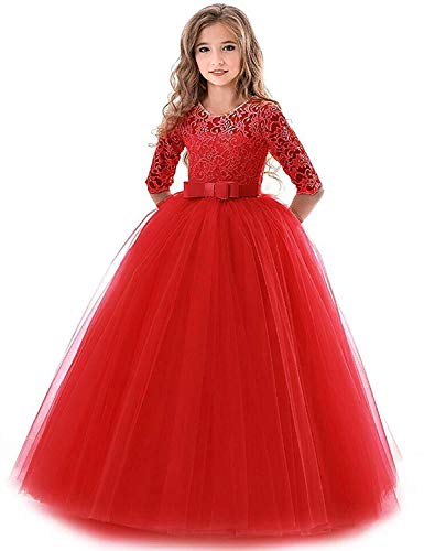 Blumenmädchen Kleider Mädchen Kinder Festlich Hochzeits Kleid Prinzessin Brautjungfern Anlässe Partykleider Festzug 3/4 Arm Spitzenkleid Tüllkleid Erstkommunion Kleider Abendkleid Rot 7-8 Jahre von IBTOM CASTLE