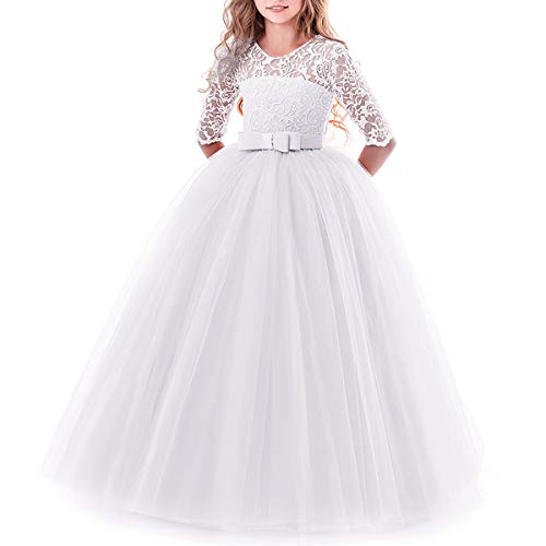 Blumenmädchen Spitze 3/4 Arm Kleid Hochzeit Brautjungfer Erstkommunion Abend Party Bodenlanges Kleid Kinder Prinzessin Festzug Geburtstag Abschlussball Karneval Weihnachten Ballkleid Gr. 11-12 Jahre von IBTOM CASTLE