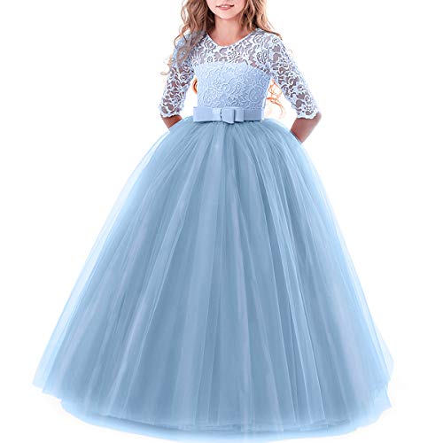 Blumenmädchen Spitze 3 4 Ärmel Kleid Hochzeit Brautjungfer Erstkommunion Abend Party bodenlanges Kleid Kinder Prinzessin Festzug Geburtstag Abschlussball Karneval Weihnachten Ballkleid blau 78 Jahre von IBTOM CASTLE