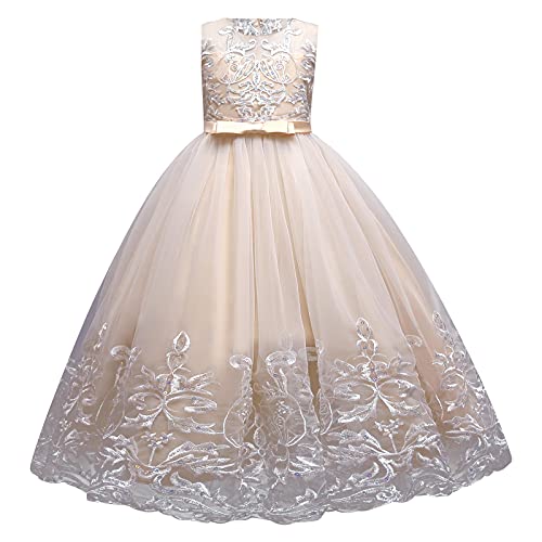 Blumenmädchenkleid Elegant Blumen Stickerei Prinzessin Tüll Langes Abendkleid Hochzeit Brautjungfer Geburtstag Party Kommunionkleid Festzug Maxi Ballkleider für Kinder Mädchen Champagner 5-6 Jahre von IBTOM CASTLE