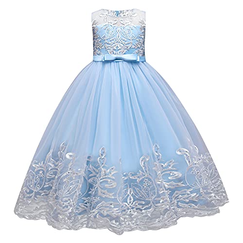 Blumenmädchenkleid Elegant Blumen Stickerei Prinzessin Tüll Langes Abendkleid Hochzeit Brautjungfer Geburtstag Party Kommunionkleid Festzug Maxi Ballkleider für Kinder Mädchen Himmelblau 9-10 Jahre von IBTOM CASTLE