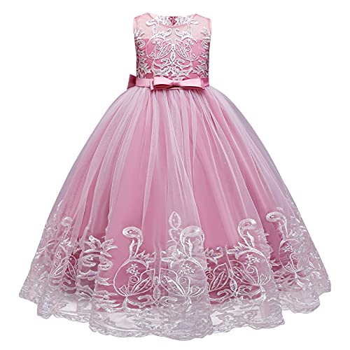 Blumenmädchenkleid Elegant Blumen Stickerei Prinzessin Tüll Langes Abendkleid Hochzeit Brautjungfer Geburtstag Party Kommunionkleid Festzug Maxi Ballkleider für Kinder Mädchen Rosa 5-6 Jahre von IBTOM CASTLE