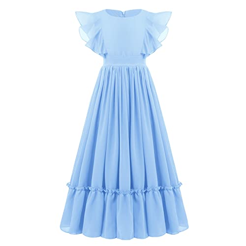 Blumenmädchenkleid Kinder Chiffon Kleid Mädchen Hochzeit Brautjungfer Maxikleid Elegant Rüsche Abendkleid Festkleid Geburtstag Partykleid Ballkleid Sommerkleid mit Schleife Gürtel Blau 11-12 Jahre von IBTOM CASTLE