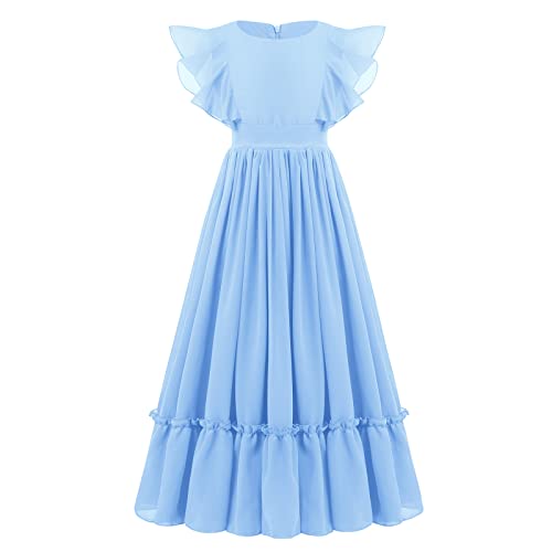 Blumenmädchenkleid Kinder Chiffon Kleid Mädchen Hochzeit Brautjungfer Maxikleid Elegant Rüsche Abendkleid Festkleid Geburtstag Partykleid Ballkleid Sommerkleid mit Schleife Gürtel Blau 6-7 Jahre von IBTOM CASTLE