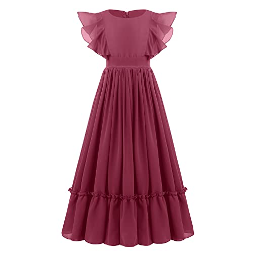 Blumenmädchenkleid Kinder Chiffon Kleid Mädchen Hochzeit Brautjungfer Maxikleid Elegant Rüsche Abendkleid Festkleid Geburtstag Partykleid Ballkleid Sommerkleid mit Schleife Gürtel Rotwein 9-10 Jahre von IBTOM CASTLE