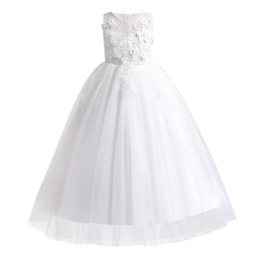 Blumenmädchenkleid Spitze Tüll Prinzessinnen kleid Elegantes langes Abschlussballkleid Kinder Festlicher Festzug Hochzeit Brautjungfern Cocktail Partykleid Erstkommunion Kleid Weiß Spitze 11-12 Jahre von IBTOM CASTLE