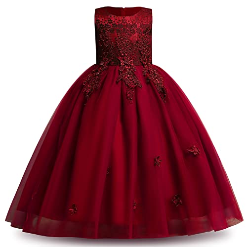 Blumenmädchenkleid Spitze bestickt Tüll Prinzessinnen kleid langes Abschlussballkleid Kinder Festlicher Festzug Hochzeit Brautjungfern Cocktail Partykleid Erstkommunion Kleid Burgund 11-12 Jahre von IBTOM CASTLE