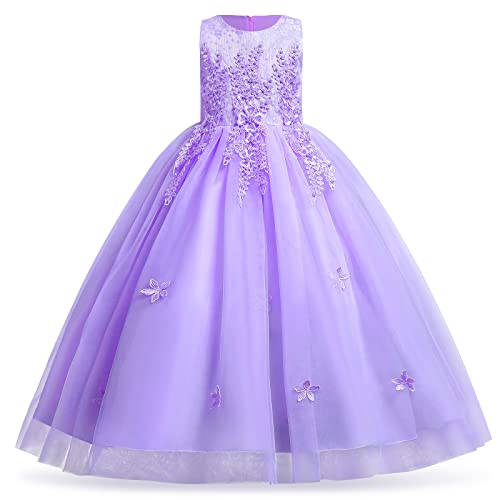 Blumenmädchenkleid Spitze bestickt Tüll Prinzessinnen kleid langes Abschlussballkleid Kinder Festlicher Festzug Hochzeit Brautjungfern Cocktail Partykleid Erstkommunion Kleid Helles Lila 7-8 Jahre von IBTOM CASTLE