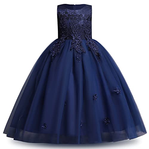 Blumenmädchenkleid Spitze bestickt Tüll Prinzessinnen kleid langes Abschlussballkleid Kinder Festlicher Festzug Hochzeit Brautjungfern Cocktail Partykleid Erstkommunion Kleid Navy blau 11-12 Jahre von IBTOM CASTLE