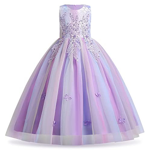 Blumenmädchenkleid Spitze bestickt Tüll Prinzessinnen kleid langes Abschlussballkleid Kinder Festlicher Festzug Hochzeit Brautjungfern Cocktail Partykleid Erstkommunion Kleid Regenbogen lila 6-7 Jahre von IBTOM CASTLE