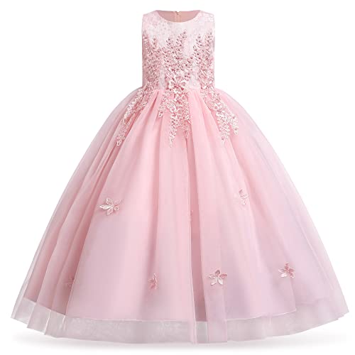 Blumenmädchenkleid Spitze bestickt Tüll Prinzessinnen kleid langes Abschlussballkleid Kinder Festlicher Festzug Hochzeit Brautjungfern Cocktail Partykleid Erstkommunion Kleid Rosa 11-12 Jahre von IBTOM CASTLE