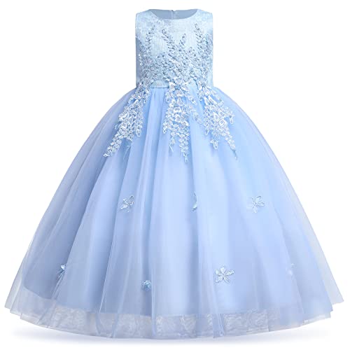 Blumenmädchenkleid Spitze bestickt Tüll Prinzessinnen kleid langes Abschlussballkleid Kinder Festlicher Festzug Hochzeit Brautjungfern Cocktail Partykleid Erstkommunion Kleid Skye Blau 9-10 Jahre von IBTOM CASTLE