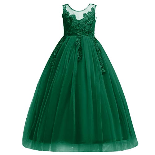 Blumenmädchenkleid Spitze bestickt ärmellos Tüll Prinzessinnen kleid Elegantes langes Abschlussballkleid Kinder Festlicher Festzug Hochzeit Brautjungfern Cocktail Partykleid Grün 11-12 Jahre von IBTOM CASTLE