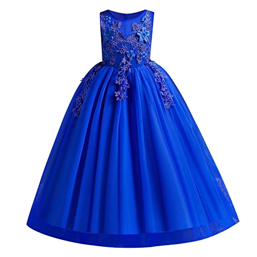 Blumenmädchenkleid Spitze bestickt ärmellos Tüll Prinzessinnen kleid Elegantes langes Abschlussballkleid Kinder Festlicher Festzug Hochzeit Brautjungfern Cocktail Partykleid Königsblau 11-12 Jahre von IBTOM CASTLE