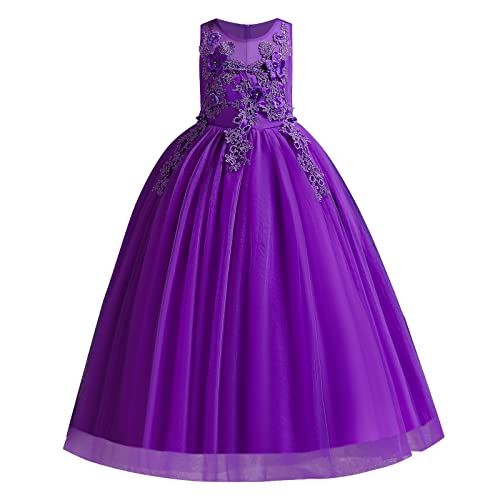 Blumenmädchenkleid Spitze bestickt ärmellos Tüll Prinzessinnen kleid Elegantes langes Abschlussballkleid Kinder Festlicher Festzug Hochzeit Brautjungfern Cocktail Partykleid Lila 9-10 Jahre von IBTOM CASTLE