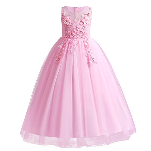 Blumenmädchenkleid Spitze bestickt ärmellos Tüll Prinzessinnen kleid Elegantes langes Abschlussballkleid Kinder Festlicher Festzug Hochzeit Brautjungfern Partykleid Errötendes Rosa 9-10 Jahre von IBTOM CASTLE