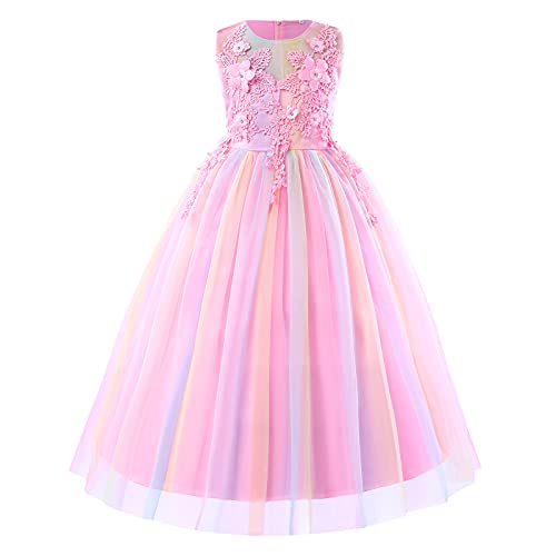 Blumenmädchenkleid Spitze bestickt ärmellos Tüll Prinzessinnen kleid Elegantes langes Abschlussballkleid Kinder Festlicher Festzug Hochzeit Brautjungfern Partykleid Regenbogen 13-14 Jahre von IBTOM CASTLE