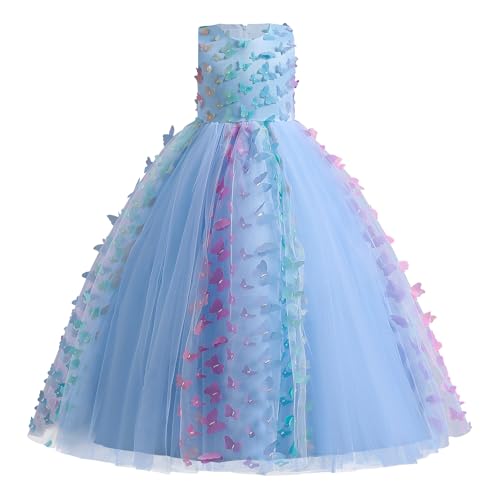 Blumenmädchenkleider Mädchen Ärmellos Regenbogen-Netz Prinzessin KleiderTüll Festzug Abschlussball Kinder 3D Schmetterling Ballkleid Hochzeit Brautkleid Abendkleid Blau Schmetterling 7-8 Jahre von IBTOM CASTLE