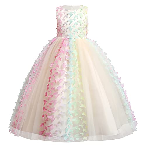 Blumenmädchenkleider Mädchen Ärmellos Regenbogen-Netz Prinzessin KleiderTüll Festzug Abschlussball Kinder 3D Schmetterling Ballkleid Hochzeit Brautkleid Abendkleid Champagner Schmetterling 11-12 Jahre von IBTOM CASTLE