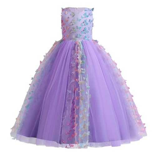 Blumenmädchenkleider Mädchen Ärmellos Regenbogen-Netz Prinzessin KleiderTüll Festzug Abschlussball Kinder 3D Schmetterling Ballkleid Hochzeit Brautkleid Abendkleid Violett Schmetterling 9-10 Jahre von IBTOM CASTLE