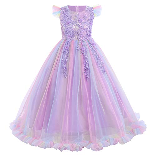 Blumensmädchenkleid Prinzessin Festliches Kinder Blumenspitze Kleid Festzug Kleider Hochzeit Ballkleid Brautjungfern Kleidung Tüll Abendkleid Kommunion PartyKleid Regenbogen Violett 7-8 Jahre von IBTOM CASTLE