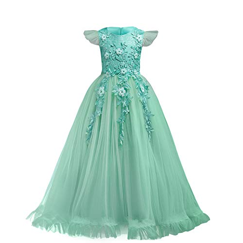 Blumensmädchenkleid Prinzessin Festliches Kinder Mädchen Blumenspitze Kleid Festzug Kleider Hochzeit Ballkleid Brautjungfern Kleidung Tüll Cocktailkleid Elegant Langes PartyKleid Grün 6-7 Jahre von IBTOM CASTLE