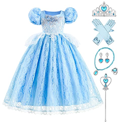 Cinderella Kleid Kostüme Kinder für Mädchen, Prinzessin Kleid Mädchen Cosplay Festlich Karneval Festkleid Tüll Maxikleid Geburtstagsfeier Fest-Kleid mit Zubehörteilen Blaue Spitze 6-7 Jahre von IBTOM CASTLE