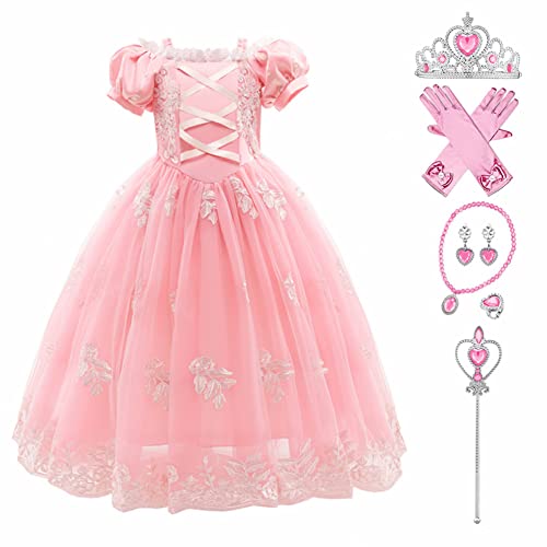 Cinderella Kleid Kostüme Kinder für Mädchen, Prinzessin Kleid Mädchen Tüll Maxikleid Cosplay Festlich Karneval Festkleid Maxikleid Geburtstagsfeier Fest-Kleid mit Zubehörteilen Baby rosa 9-10 Jahre von IBTOM CASTLE