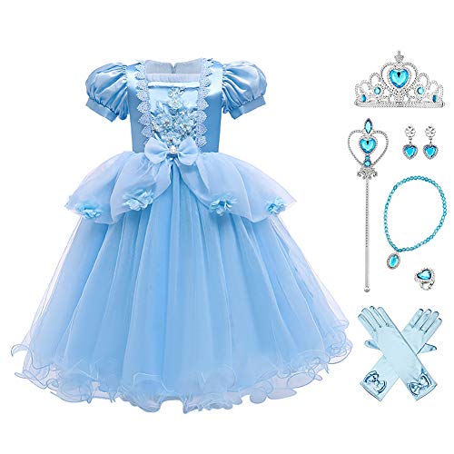 Cinderella Kleid Kostüme Kinder für Mädchen, Prinzessin Kleid Mädchen Tüll Maxikleid Cosplay Festlich Karneval Festkleid Maxikleid Geburtstagsfeier Fest-Kleid mit Zubehörteilen Blau 7-8 Jahre von IBTOM CASTLE
