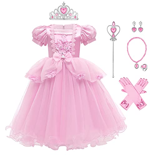 Cinderella Kleid Kostüme Kinder für Mädchen, Prinzessin Kleid Mädchen Tüll Maxikleid Cosplay Festlich Karneval Festkleid Maxikleid Geburtstagsfeier Fest-Kleid mit Zubehörteilen Rosa 6-7 Jahre von IBTOM CASTLE