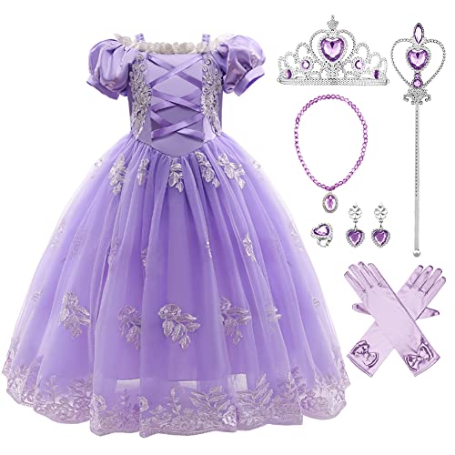 Cinderella Kleid Kostüme Kinder für Mädchen, Prinzessin Kleid Mädchen Tüll Maxikleid Cosplay Festlich Karneval Festkleid Maxikleid Geburtstagsfeier Fest-Kleid mit Zubehörteilen Violett 9-10 Jahre von IBTOM CASTLE