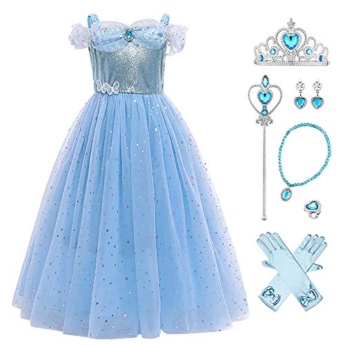 Cinderella Kleid Kostüme Kinder für Mädchen, Prinzessin Kleid Mädchen Tüll Maxikleid Festlich Karneval Festkleid Maxikleid Geburtstagsfeier Fest-Kleid mit Zubehörteilen Blaue Pailletten 7-8 Jahre von IBTOM CASTLE