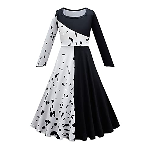 Cruella Deville Kostüm Mädchen Halloween Cosplay Outfit Kurzarm 101 Dalmatiner Kleid Kind Halloween Karneval Fotoshooting Spielen Schule Verkleiden Schwarz Weiß PartyKleid Lange Ärmel 1 13-14 Jahre von IBTOM CASTLE