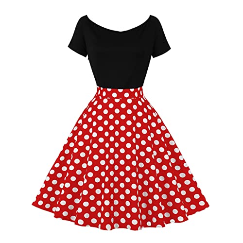 Damen 1950er Vintage Kleid Kappenärmel Stehkragen Cocktail Party Kleid Polka Dot Blumen Audrey Retro A Line Swing Kleid Schwarz+Rot M von IBTOM CASTLE