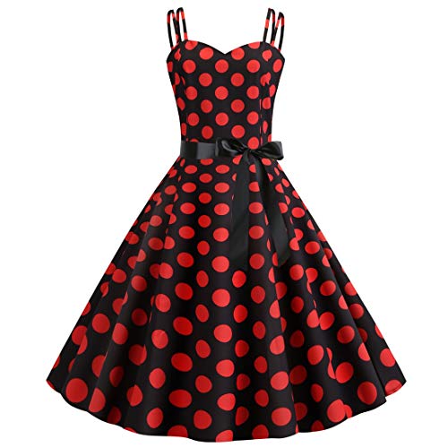 Damen 1950er Vintage Polka Dots Kleid Spaghettiträger Rockabilly Midikleid Retro Swing Prinzessin Tea Party A-Linie Kleid Audrey Hepburn 50er 60er Party Tanzkleid mit Gürtel Rot+Schwarz 2XL von IBTOM CASTLE