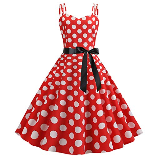 Damen 1950er Vintage Polka Dots Kleid Spaghettiträger Rockabilly Midikleid Retro Swing Prinzessin Tea Party A-Linie Kleid Audrey Hepburn 50er 60er Party Tanzkleid mit Gürtel Rot 2XL von IBTOM CASTLE