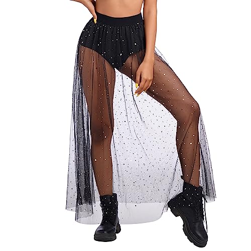 Damen 2 in 1 Transparenter Mesh Rock Shorts Hohe Taille Tüllrock Glitzer Sterne Rüschen Maxirock Sexy Streetwear Party Clubwear Schwarz M von IBTOM CASTLE